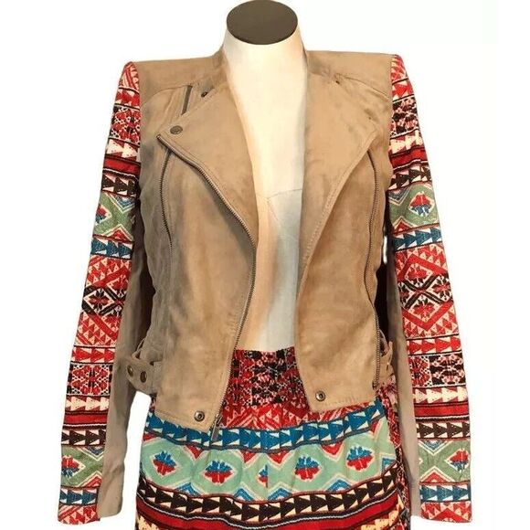 BCBG MaxAzria Womens Peter Jacket S Mixed Media Aztec Moto Asymmetrical - Picture 1 of 13